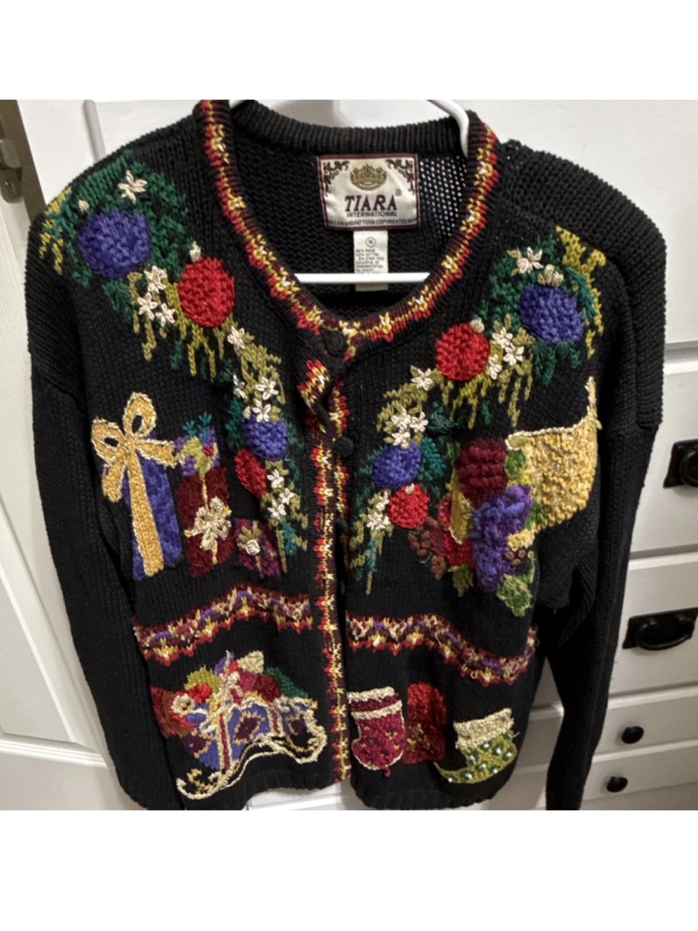 Tiara Black Festive Embroidered Holiday Cardigan with Multicolor Appliqué